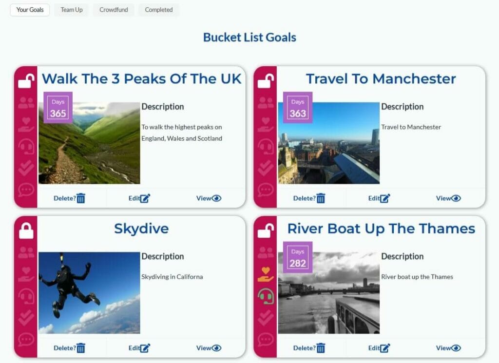 View the list of your Bucket List ideas on your dashboard
